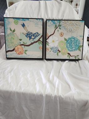 Floral Bird Two-Piece Wall Art Set - Aqua Accents 13x13